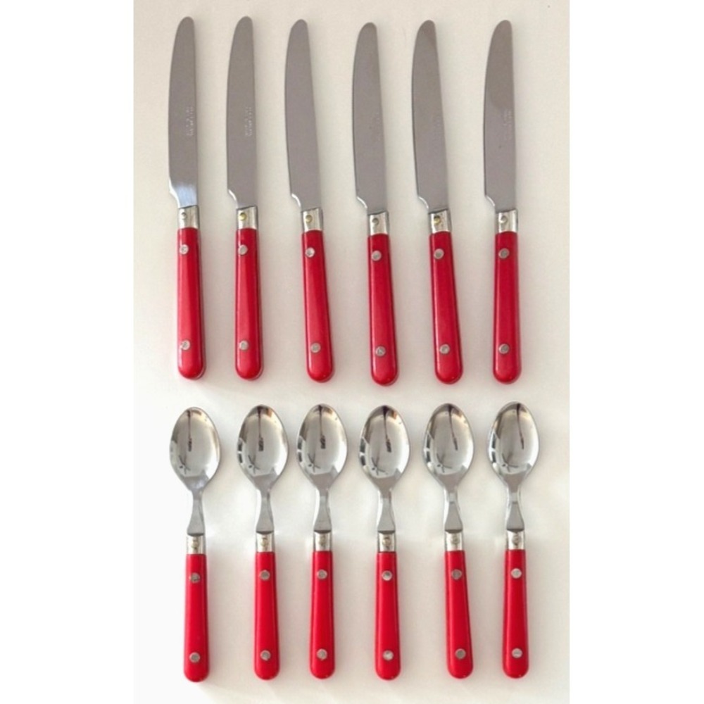 IKEA  Retro Teaspoons (6) Dinner Knives (6) Red Handle Cafe Bistro Stainless
